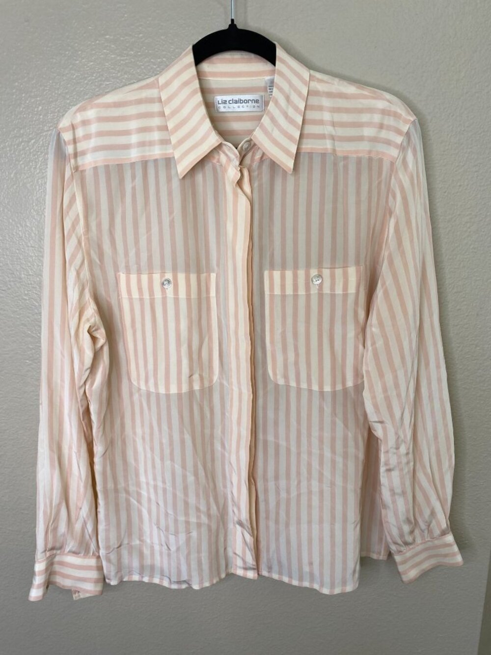 Liz Claiborne Womens Striped Sheer Button Down Blouse Size 8 Cream Pink Silk